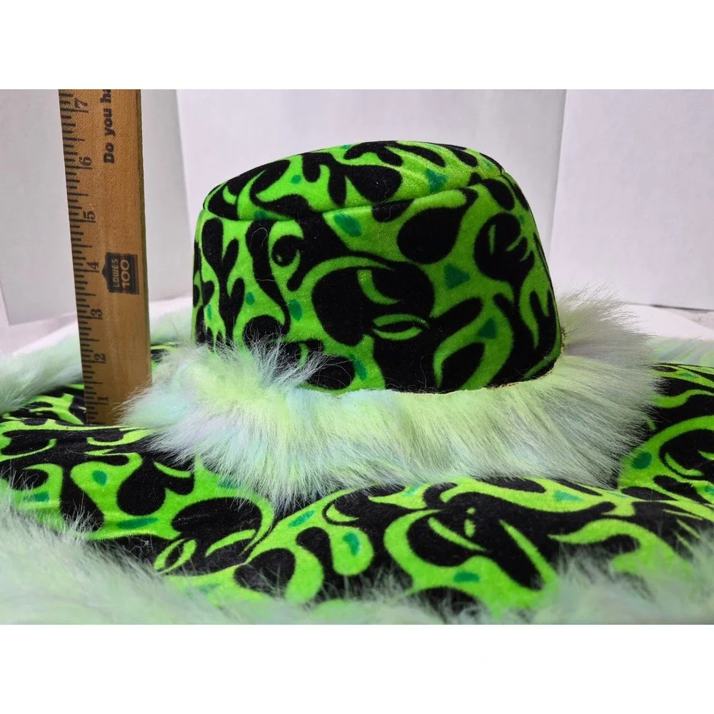 Neon Green Black Flame Print Wide Brim Hat Faux Fur Trim Festival Rave Halloween